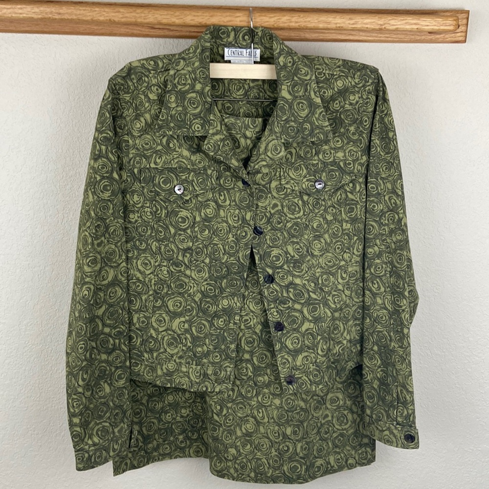 Casual Olive Green Printed Skirt Suit